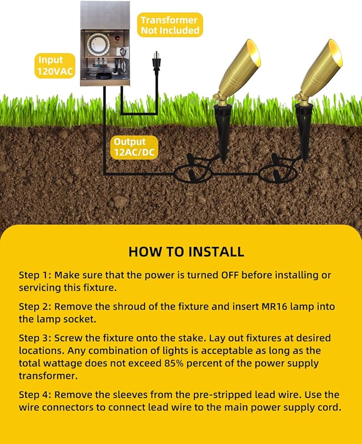 COLOER Die-cast Brass Landscape Spotlight 12-Pack Without Bulb,12V AC/DC Low Voltage Copper Outdoor Lighting with Ground Stake, Directional Garden Patio Spot Up Light (102B Brass Finish)