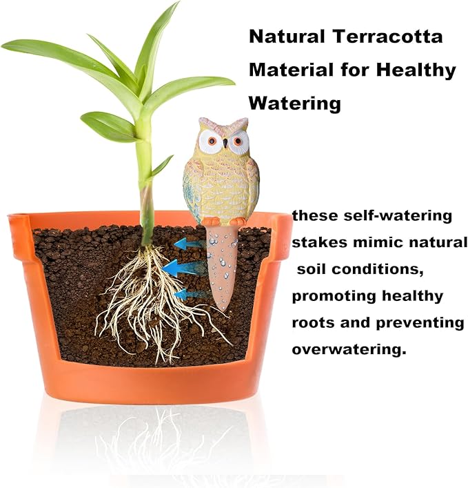 4-Pack Self-Watering Terracotta Spikes for Plants, Automatic Plant Watering Stakes, Keeps Plants Hydrated While You're Away, Ideal for Indoor & Outdoor Use (Owl Design)