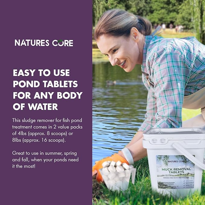 Nature's Core Muck Removal Tablets Natural Pond Sludge Remover, Cleans & Clears Away Muck & Sludge, Safe for The Environment, Treats 1,500 Sq Ft, 3 Month Supply, 8 Scoops, 4 lb