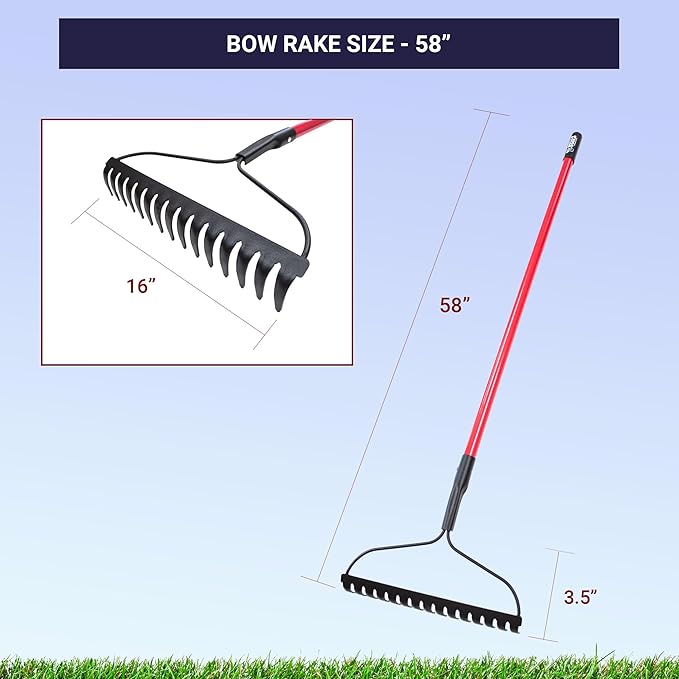 BULLY TOOLS 92309 12-Gauge 16-Inch Bow Rake with Fiberglass Handle and 16 Steel Tines, 58-Inch