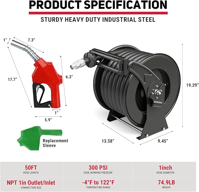 Retractable Fuel Hose Reel 1" x 50' with Fueling Nozzle, 300 PSI Heavy Duty Steel Construction Industrial Auto Swivel Spring Driven Diesel Hose Reel for Aircraft Ship Vehicle Tank Truck, Black