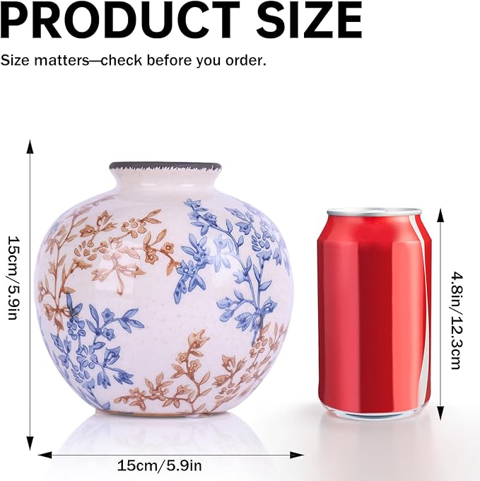 Blue-and-White Vintage Round vase, Chinese-Style Porcelain Blue vase, Suitable for Home Decor, Living Room Coffee Table, Office, Rustic Farmhouse Dining Table Centerpiece, and Tabletop Decoration.