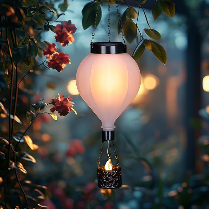 Hanging Solar Lantern Outdoor Garden Decor Hot Air Balloon Lantern with Flickering Flame Gifts for Women Grandma Mom Outdoor Hanging Light Solar Decorative Lamp for Garden Patio Yard and Home
