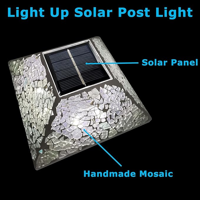 2PK Mosaic Solar Post Cap Lights Outdoor for 4x4, 3.5x3.5 Post Crackled Glass Deck Fence Lamp Weatherproof LED Light Decor in Garden, Yard, Outdoor Table, Balcony, Landscape- Iridescent