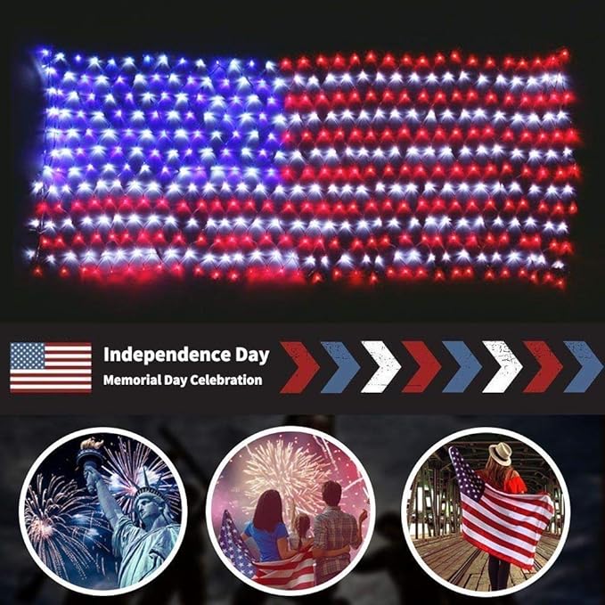 DBFAIRY Solar American Flag Lights Outdoor,420 LEDs American Flag Net Lights 6.5ft x 3.28ft Super Bright,Memorial Day Decorations of The United States for Independence/National/Memorial Day,July 4th