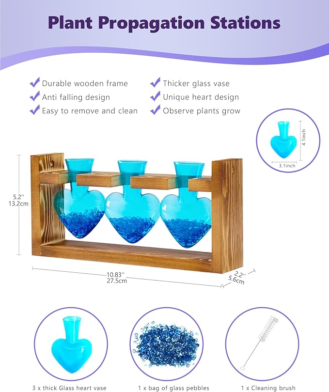 Nacome Plant Terrarium for Office Decor: Wooden Stand Tabletop Planter 3 Bulb Glass Vase Heart Shaped for Hydroponics Indoor Home - Birthday Gifts for Women Mom Grandma