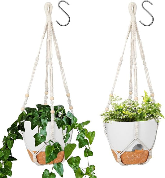 GARDIFE 10 Inch Hanging Planters with Macrame Plant Hanger for Indoor and Outdoor Plants, 2 Pack Large Self Watering Hanging Plant Pot with Basket Flower Pot with Drainage Hole, White