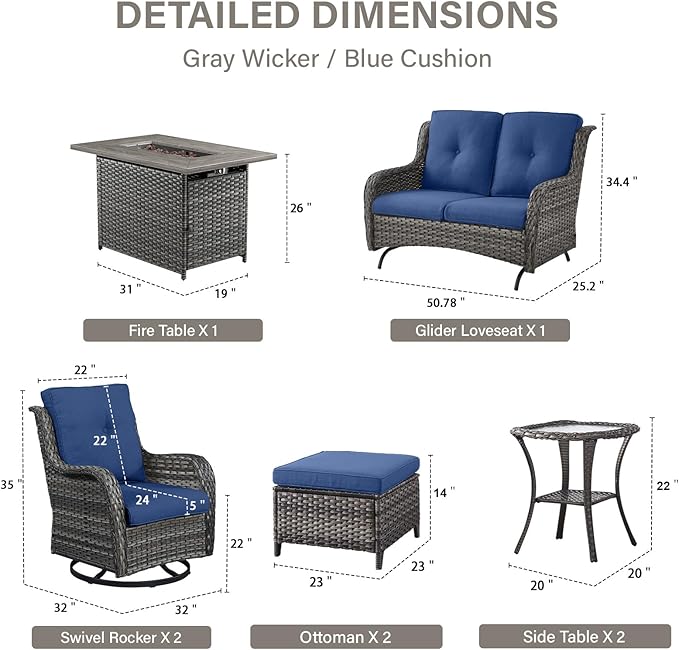 8 Piece Outdoor Patio Furniture Set - 41" CSA Propane Fire Pit Table Patio Conversation Set with Swivel Rocker Outdoor Chairs, Wicker loveseat and Ottoman for Outside Casual Gathering