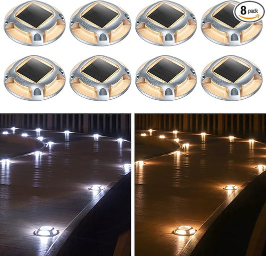 AGPTEK Solar Driveway Lights Outdoor 8 Pack, 2 Color Modes LED Deck Dock Marine Waterproof Driveway Marker Lights for Step Sidewalk Stair Garden Pathway Walkway Yard (Warm White/Cool White)