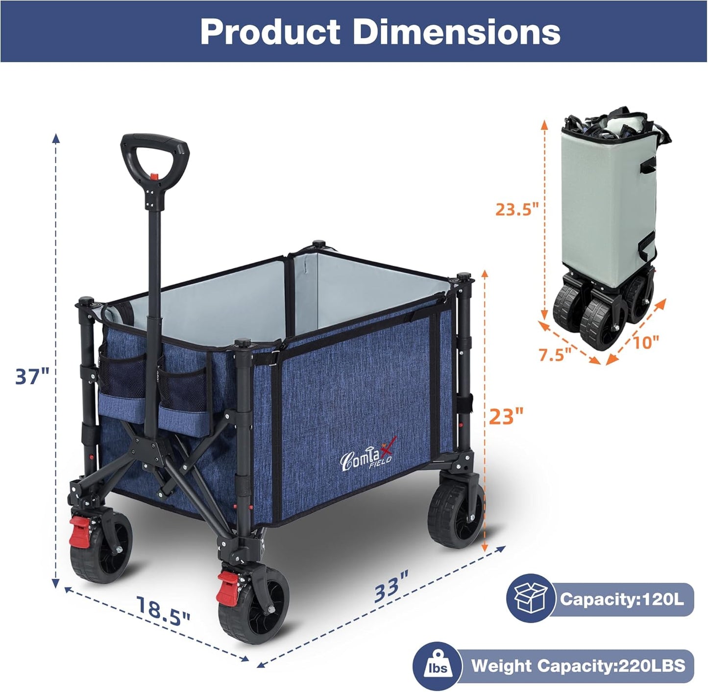 Collapsible Wagon Cart Foldable with Big Wheels Brakes, 250lbs Folding Utility Lightweight Garden Wagon, Portable Grocery Cart for Camping Shopping Sports Pets, Blue