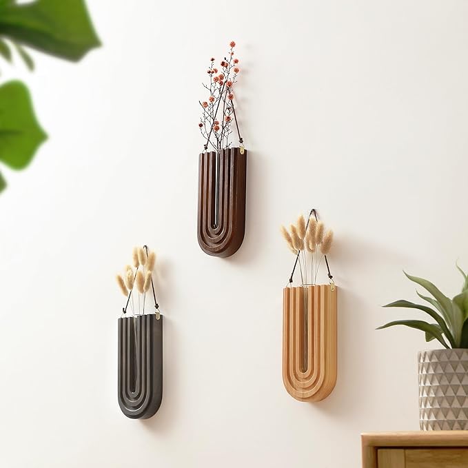 Wood Wall Planter Indoor, Propagation Station, Wooden Hanging Vase for Dried Flowers, Wall Plant Holder, Boho Wall Décor for Living Room U Rainbow Shape (Set of 3)