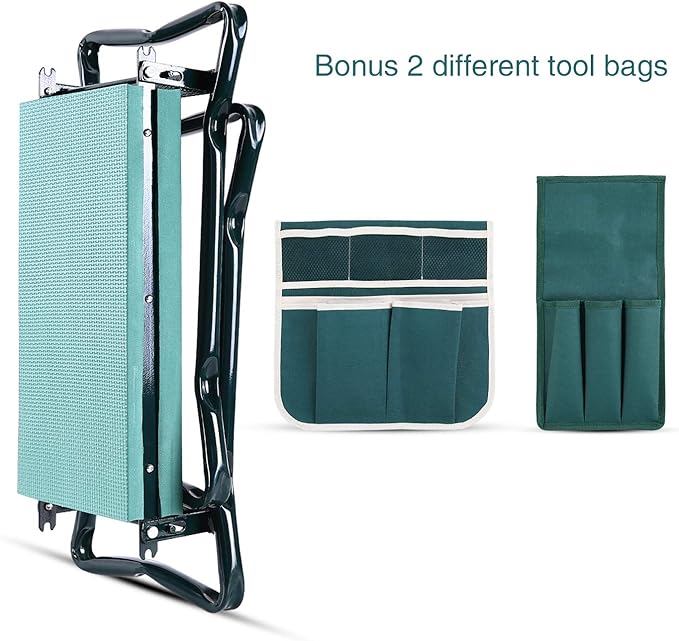 Ohuhu Garden Kneeler and Seat, Heavy Duty Garden Stool with EVA Foam Kneeling Pad, Foldable Gardening Bench with 2 Tool Pouches, 2-in-1 Portable Gardening Supplies, Idea Gifts for Women Men Seniors