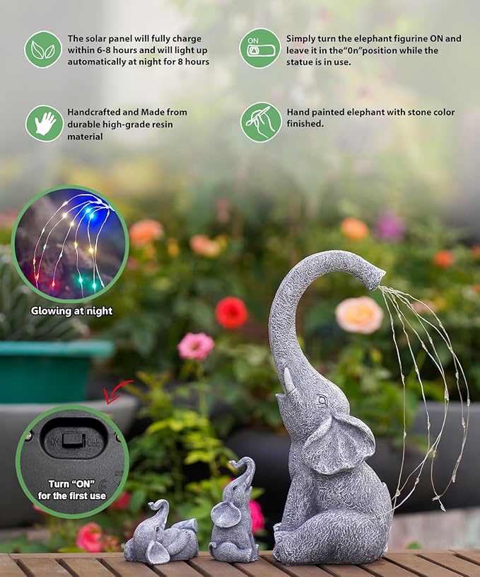 Solar Elephant Statues for Garden Decor: Outdoor Sculptures for Lawn Ornaments - Porch Patio Balcony Front Yard Birthday Gifts for Mom Grandma Women