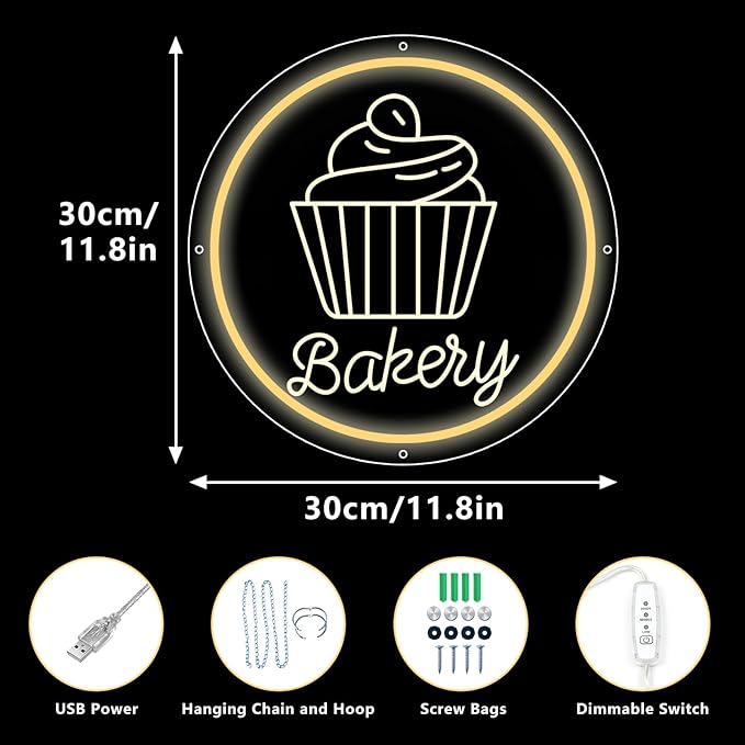 Bakery Neon Sign for Wall Decor Dimmable LED Neon Light Cake Bread Light Up Signs for Business Dessert Food Shop Restaurant Coffee Bar Birthday Party Decoration