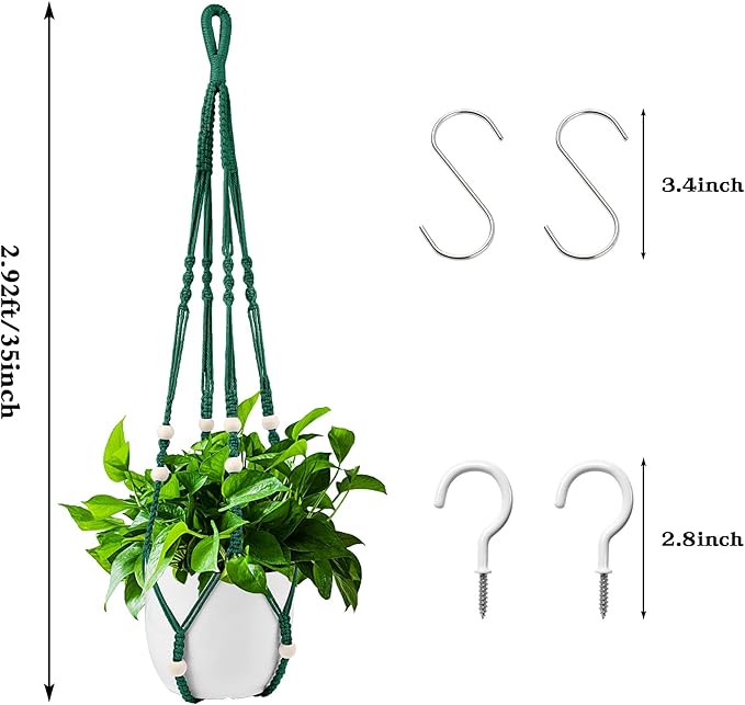 Augshy Macrame Plant Hangers Dark Green Hanging Planters for Indoor Outdoor Home Decor, Hanging Plant Holder No Tassels Set of 2 with 4 Hooks