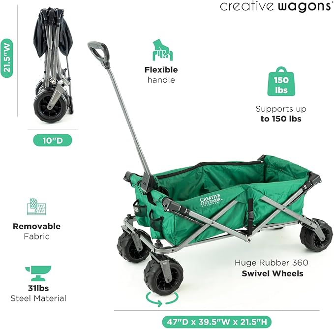 Creative Outdoor All-Terrain Deluxe Wagon | 360 Swivel All Terrain Wheels | Great for Beach, Park, Garden & Tailgate | Multiple Color Options