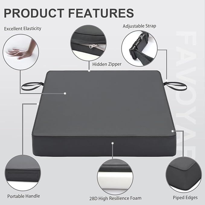 Favoyard Patio Chair Cushions 22 x 22 x 3 Inch Waterproof Outdoor Seat Cushions for Patio Furniture 3-Year Color Fastness Garden Sofa Couch Pads with Handle & Adjustable Straps Set of 2, Dark Grey