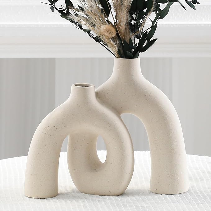CEMABT Modern Nordic Boho Vase Set - Elegant Beige Matte Ceramic Home Decor for Living Room, Bookshelf, Mantel, Entryway Table & Console Décor | Shelf Decorations Gift