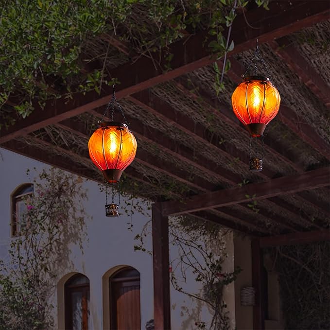 Hot Air Balloon Solar Lantern with Flickering Flame Hanging Solar Lights Outdoor Waterproof Lanterns for Garden Patio Yard Party Decoration