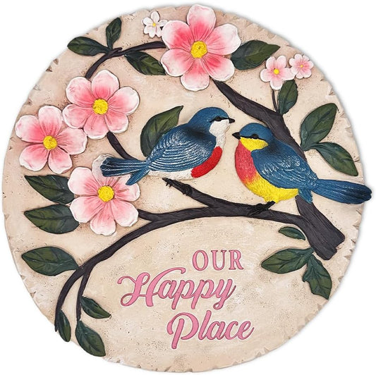 Elegant Resin Stepping Stone, Outdoor Garden Pathway Decoration (Blossoming Songbirds Positivity Stepping Stone, 9.5" Happiness Garden Decoration and Support Gift)