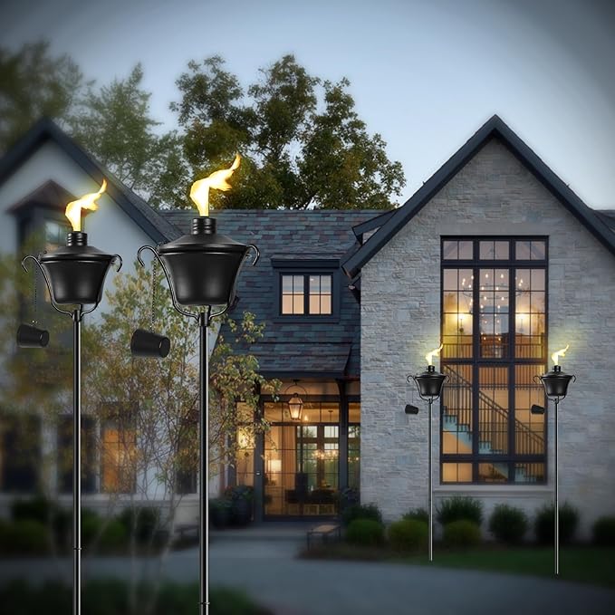 Citronella Torches Set of 4, 3-Prong Grounded Stake Outdoor Torches ，14.5 oz Garden Torches for Outside, 58 inch Outdoor Decorative Torch