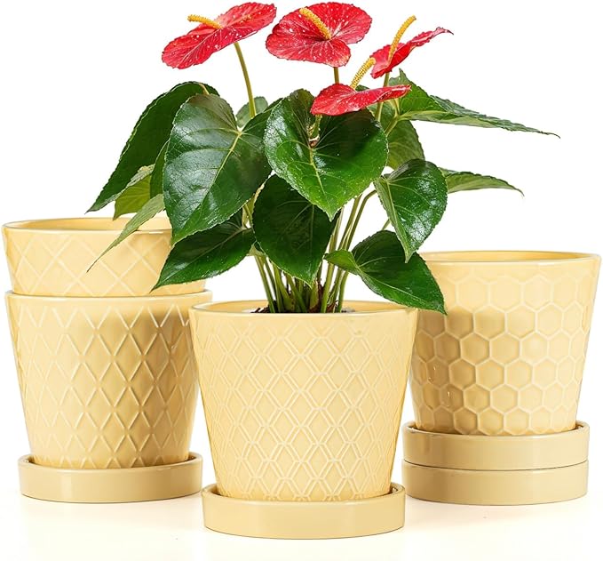 Ceramic Plant Pots –5 inch Indoor Flower Pot with Drainage Hole and Ceramic Tray - Gardening Home Desktop Office Windowsill Decoration Gift, Set of 4-Plants NOT Included(Yellow)