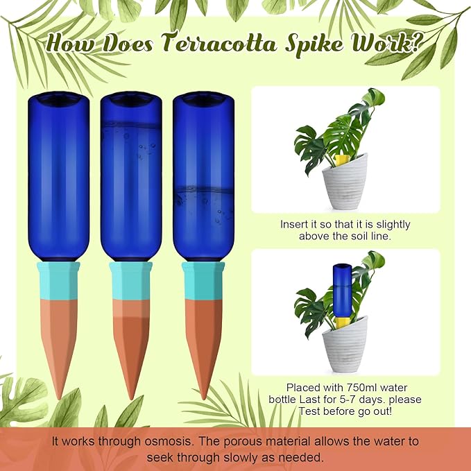 6 Sets Plant Watering Devices Include Terracotta Self Watering Spikes and 26 oz Plastic Bottles, Slow Release Vacation Insert Automatic Plant Waterer Device (Blue and Mixed Color)