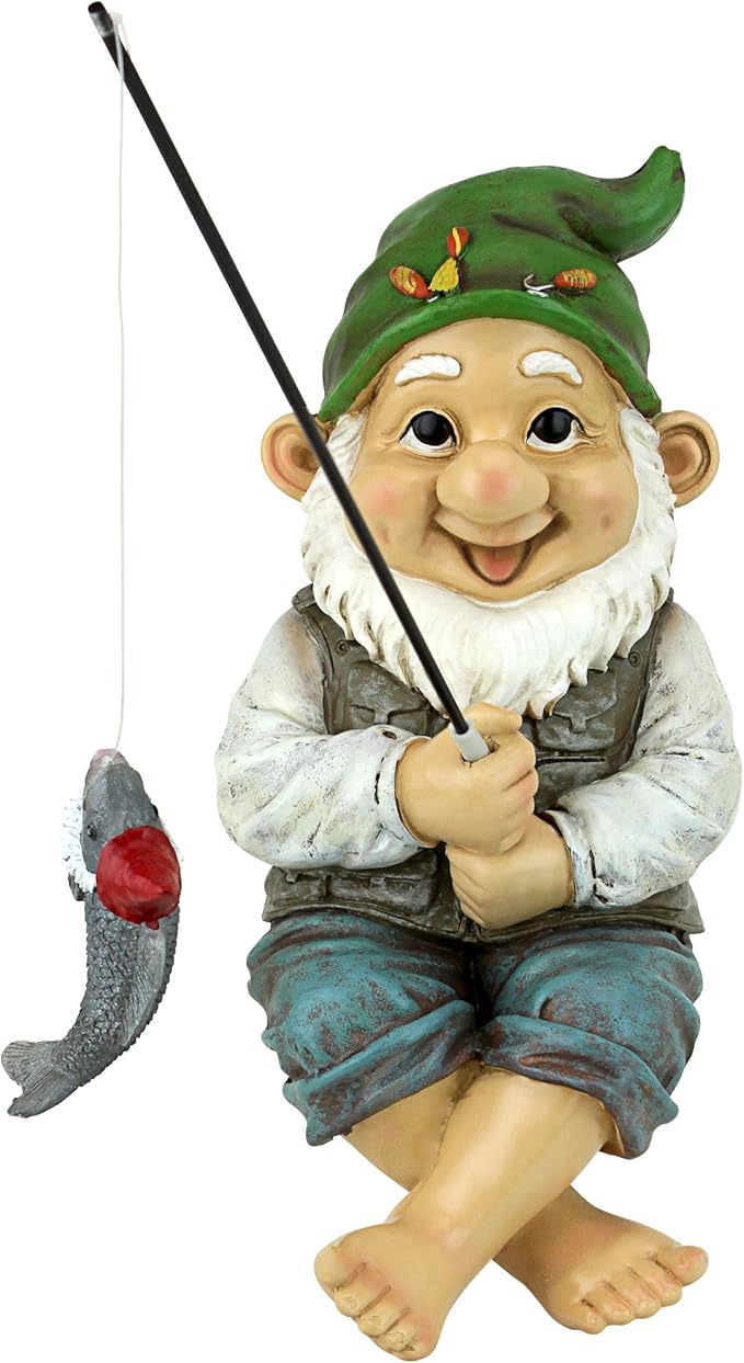 Design Toscano Ziggy with Fishing Pole Garden Gnome Indoor/Outdoor Shelf Sitter Statue, 9 Inch Tall, Cast Stone Resin, Full Color Finish