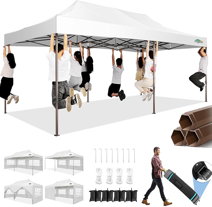 COBIZI 10x20 Pop Up Canopy Tent Heavy Duty with 6 Removable Sidewalls, Commercial Heavy Duty Pop Up Tent for Parties All Weather Waterproof and UV 50+ Wedding Tent with Roller Bag(Legs Upgraded)