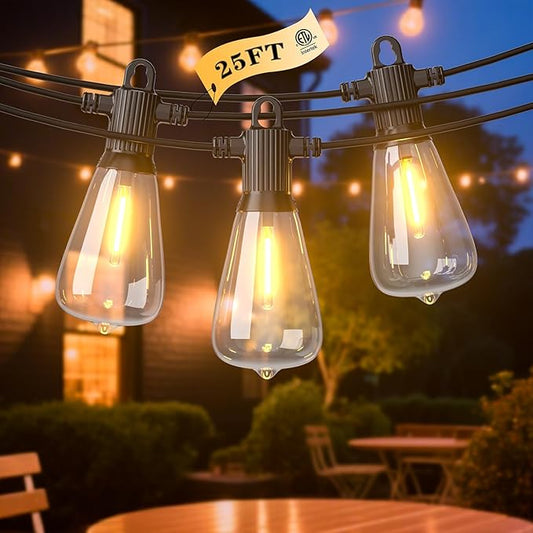 LED Outdoor String Lights, 25FT Outside Waterproof Patio Lights with 12+1 Shatterproof ST38 Edison Bulbs, 2700K Warm White Hanging Light, Dimmable Light for Back Yard Porch Party Gezebo