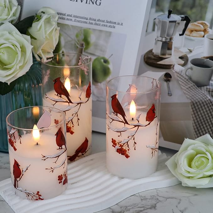 Red Bird Glass Battery Operated LED Flameless Candles with Remote Timer, Real Wax LED Candles Warm Color Flickering Light for Festival Wedding Home Party Decor(Pack of 3, 3”x4”5”6”)