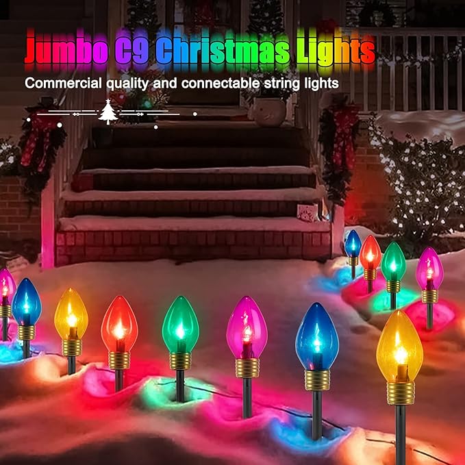 Christmas Lights Jumbo C9 Outdoor Lawn Decorations with Pathway Marker Stakes, 8.5ft C7 Lights Covered Jumbo Glitter Multicolor Bulb for Holiday Outside Yard Garden Decor, 5 Lights