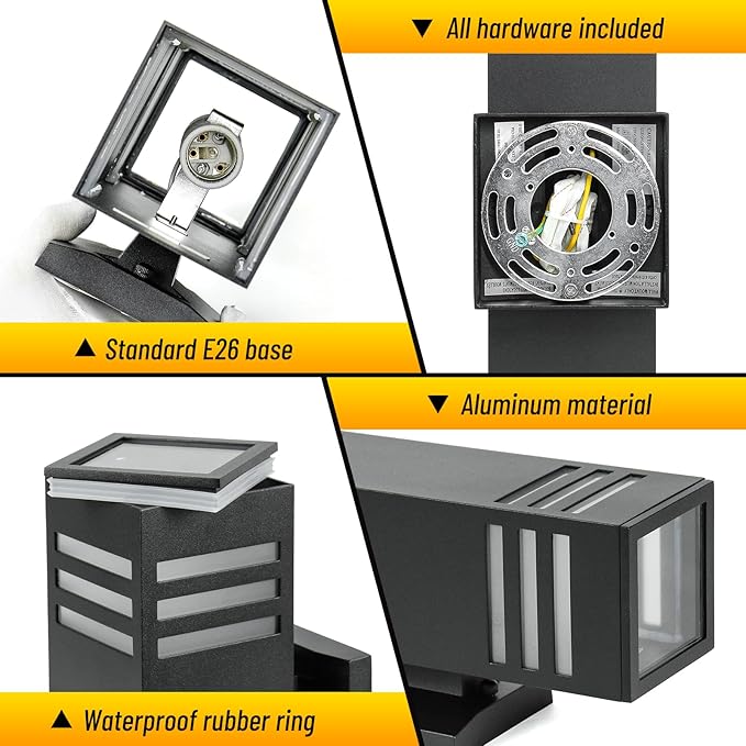 2 Pack Outdoor Wall Lights, Up/Down Modern Wall Sconce Exterior Lighting Fixture Square Wall Lamp Aluminum IP65 Waterproof Wall Mount Porch Lights ETL Listed E26 Bulbs Included 2700K