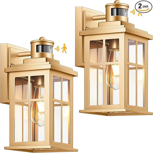 Gold Motion Sensor Outdoor Lights, Waterproof Exterior Lighting Fixtures, Aluminum Modern Outdoor Wall Lights Exterior, Transparent Glass Outdoor Porch Lights for House, Garden, Yard, E26 Base