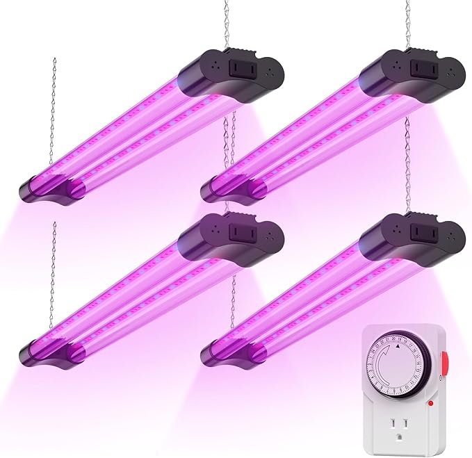 BBOUNDER 2ft 4 Pack Grow Lights for Indoor Plants with Mechanical Outlet Timer, 80W (4x20W, 440W Equivalent), Red Blue Full Spectrum, Linkable LED Grow Light for Hydroponic Indoor Plant Seedling Veg