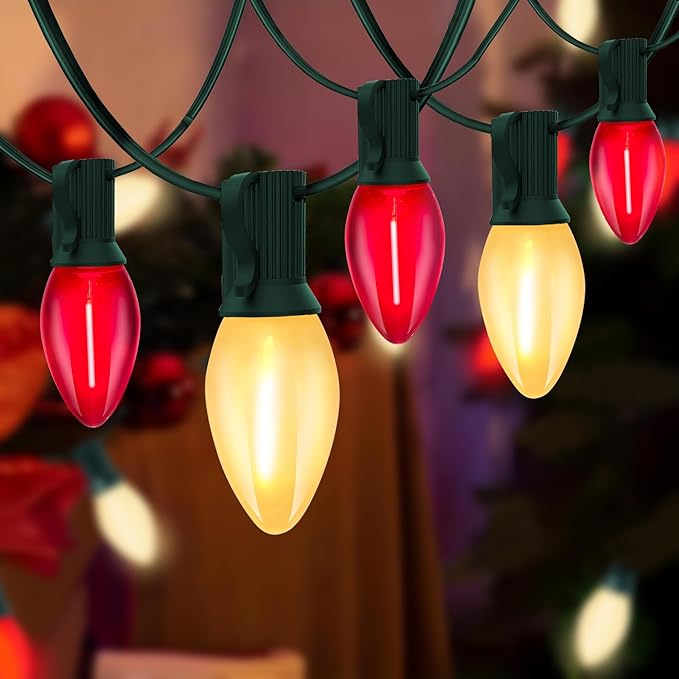 C7 LED Christmas Lights Outdoor, 25FT Red and Frosted White Christmas Lights with 27 LED Energy-Efficient Bulbs, Hanging Outdoor Decorations Vintage Christmas Lights for Party Tree Patio Garden Yard