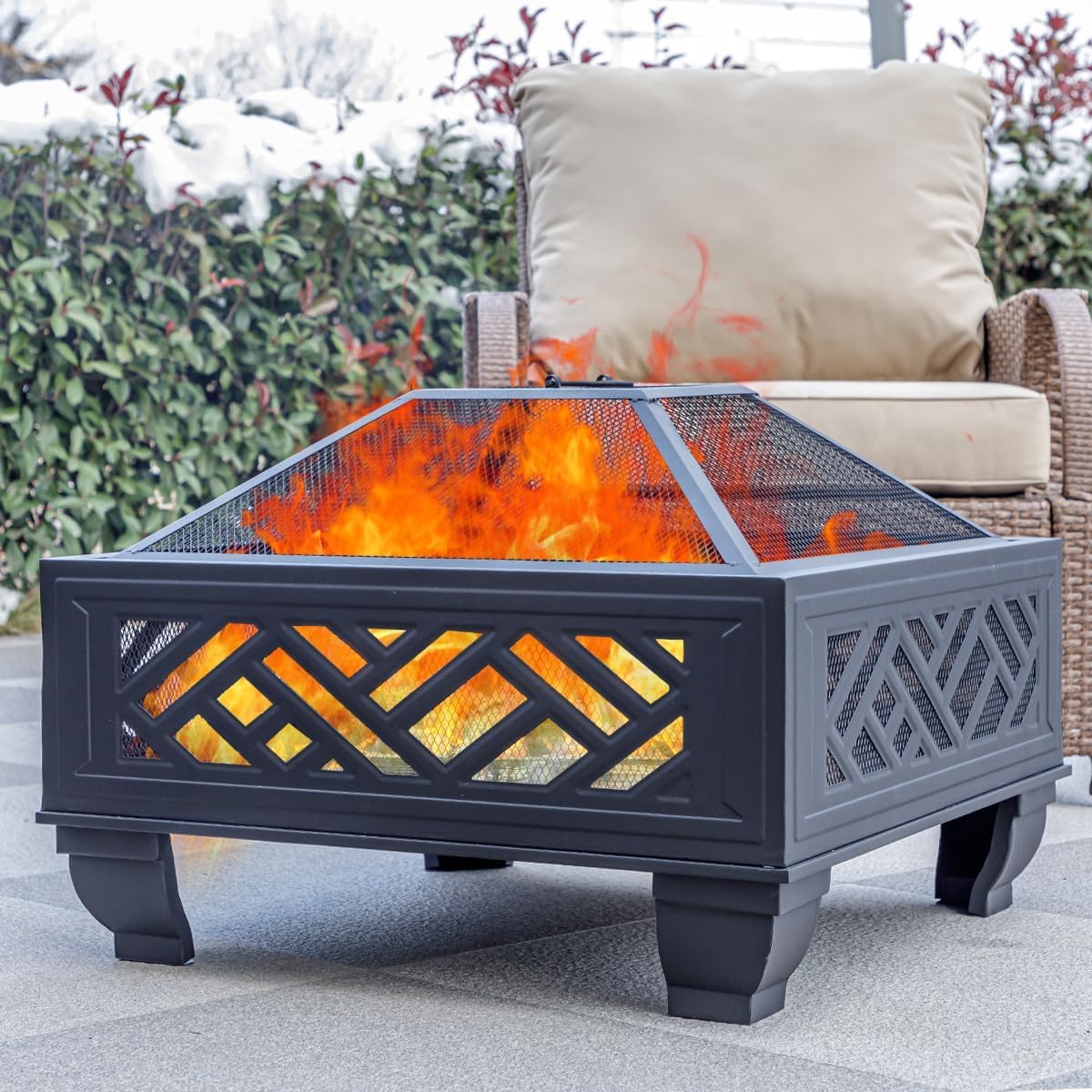 Breezz 26 Inch Wood Burning Fire Pit with Cooking Grill and Spark Screen, Outdoor Metal Firepit for Patio, Backyard, Bonfire Party, Camping and Garden