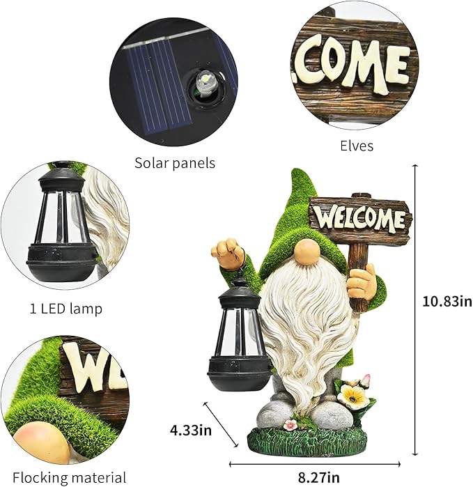ASAWASA Gnomes Decorations for Yard with Solar LED Light, 10.8" Large Outdoor Funny Garden Lawn Gnome Decor with Welcome Sign