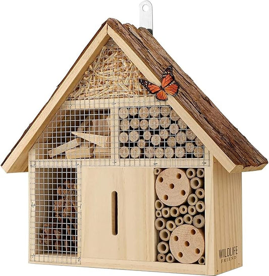 Small Insect Hotel with Bark Roof - Untreated Natural Wood Insect House for Bees, Ladybugs, Lacewings & Butterflies - Nesting Aid for Hanging, Bee Hotel