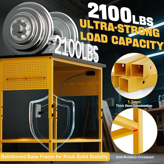 47" Heavy Duty Adjustable Workbench with Power Outlets, Pegboard & Locking Wheels - 2100LB Capacity Garage Work Table, Compatible with DeWalt Battery, Reinforced Steel Frame for Workshop & Home Use