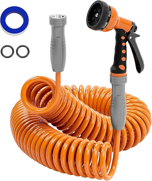 3/8” Lightweight Coil Garden Hose 50 FT, EVA Retractable Curly Water Pipe with 6-Pattern Spray Nozzle for Boat, Greenhouse, Yard, Patio (Orange)