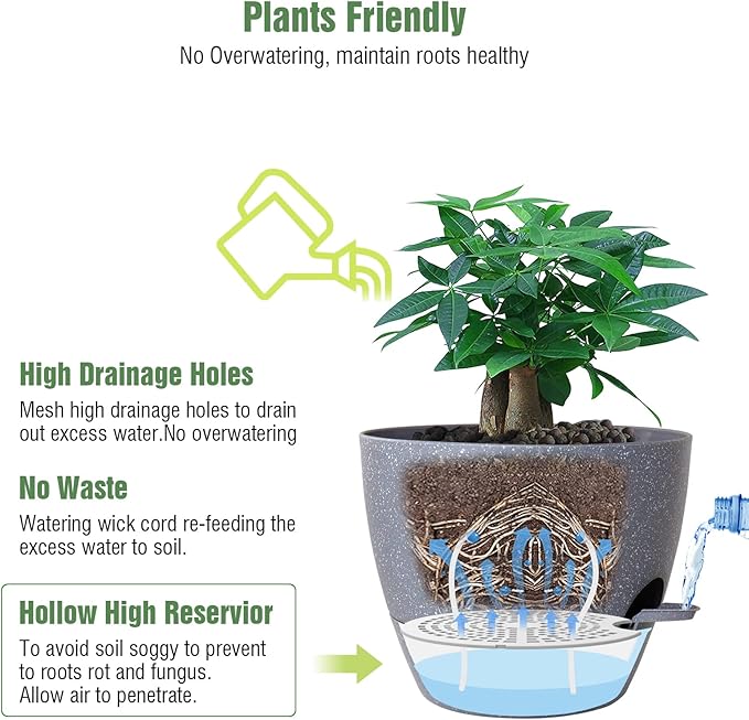 12 inch Large Self Watering Pots, Plastic Planters with 60oZ Removable Deep Reservoir and Multi Mesh Drainage Holes for Indoor Outdoor Garden Plants and Flowers, Grey Speckles