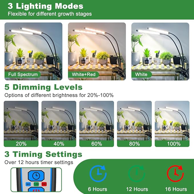 Wolezek Grow Lights for Indoor Plants, 2 Pack 6000K LED White Plant Grow Lights Indoor, Full Spectrum Grow Lamp with Clip, Auto ON & Off Timer 6/12/16H, 3 Modes, 5-Level Dimmable Brightness