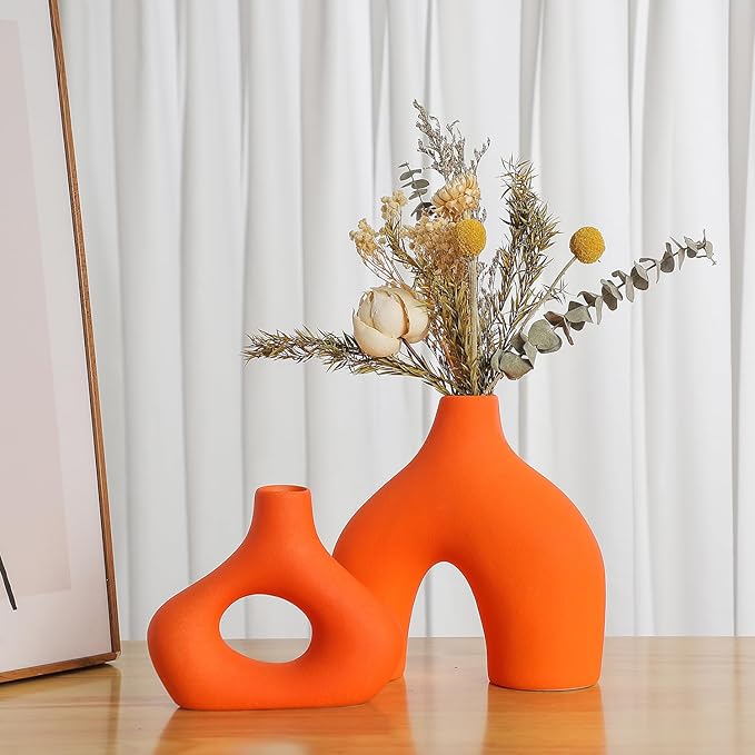 CEMABT Orange Ceramic Vase Set of 2 for Modern Minimalist Bohemian Decor，Round Matte Donut Vases for Pampas Grass-Perfect for Living Room, Dining Table, Office Bedroom Shelf Decor Entryway, Console