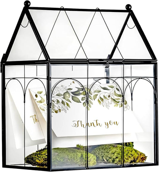 NCYP Glass Terrarium with Lid for Cacti, Succulents, Small Plants - 7.5 x 4.9 x 9 inches Closed Geometric Planter Box - Home Indoor Tabletop House Shape Decorative, Black (Terrarium Only)