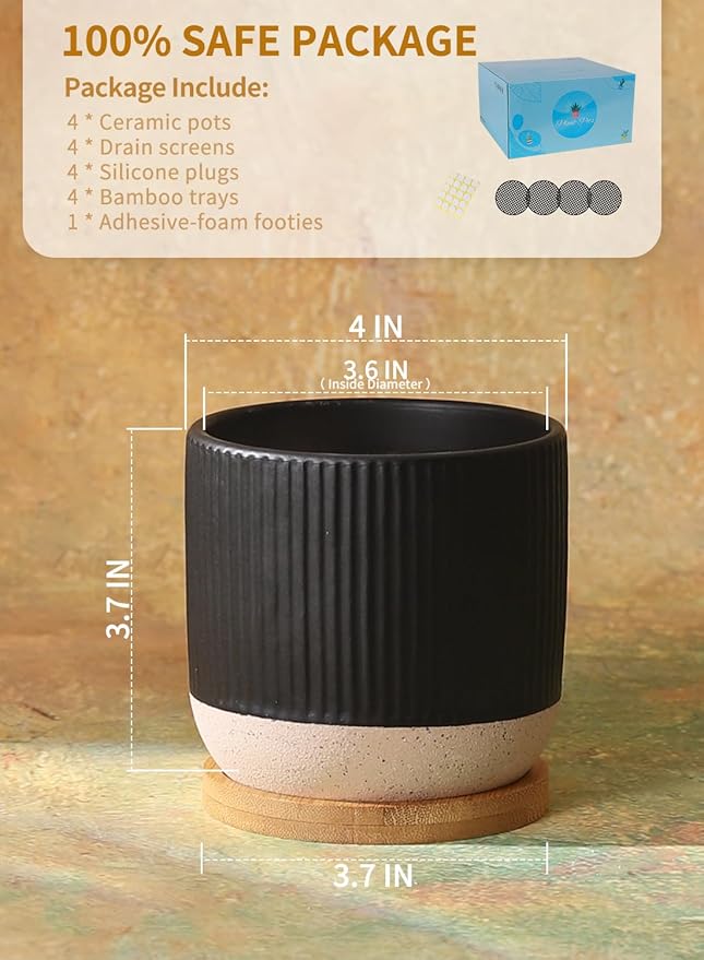 AOMRYOM 4 Inch Small Ceramic Plant Pots with Drainage Hole and Saucer, Modern Flower Planter for Succulent, Indoor Plants, Cactus, Herbs, Black, Set of 4 (Plant Not Included)
