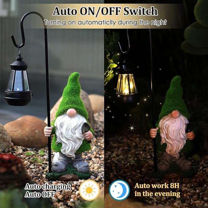 Flocked Solar Garden Gnomes Outdoor Statues-15.8”Outdoor Garden Decor-LED Outdoor Decor Light-Unique Housewarming Gifts Yard Art Sculptures for Patio Lawn Ornaments