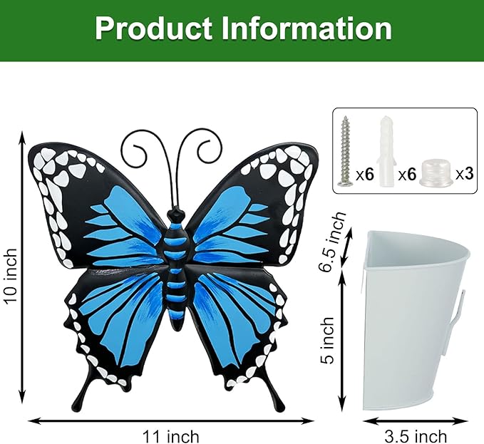 BAYN Set of 3 Butterfly Wall Hanging Planter Decor Art, Metal Wall Mounted Planters Garden Yard Decorative Flower Pot Indoor Outdoor Wall Planter Succulent Plant Container