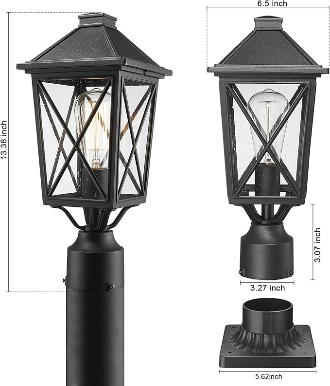 Darkaway Outdoor Post Lights, Aluminum Exterior Post Lantern Light Fixture with Seeded Glass, E26 Socket Fence Pole Deck Lighting for Garden Patio Pathway