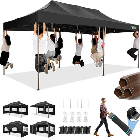 COBIZI 10x20 Pop Up Canopy Heavy Duty with 6 Sidewalls, Commercial Heavy Duty Pop Up Tent for Parties All Weather Waterproof and UV 50+ Wedding Tent with Roller Bag(Legs Upgraded),Black